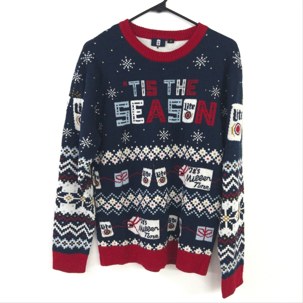 Miller Lite Ugly Christmas Sweater Mens Medium Navy Blue Beer Fair Isle Festive